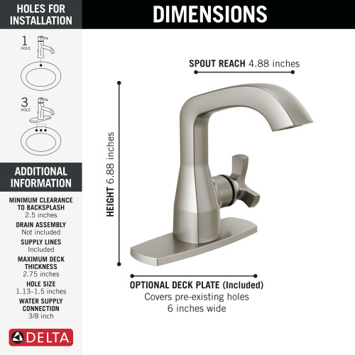 Delta 5766-SS-PR-LPU-DST Stryke 6.56-in x 6.00-in x 6.88-in Single Handle Bathroom Faucet, Lumicoat Stainless