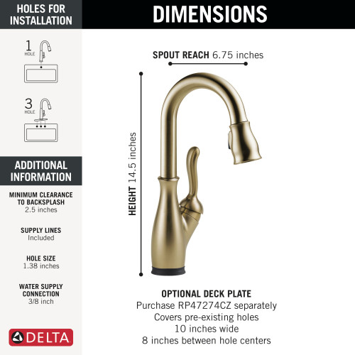 9678T-CZ-DST Leland 8.25-in x 4.38-in x 14.50-in Single-Handle Pull-Down Bar and Prep Faucet with Touch2O Technology, Champagne Bronze