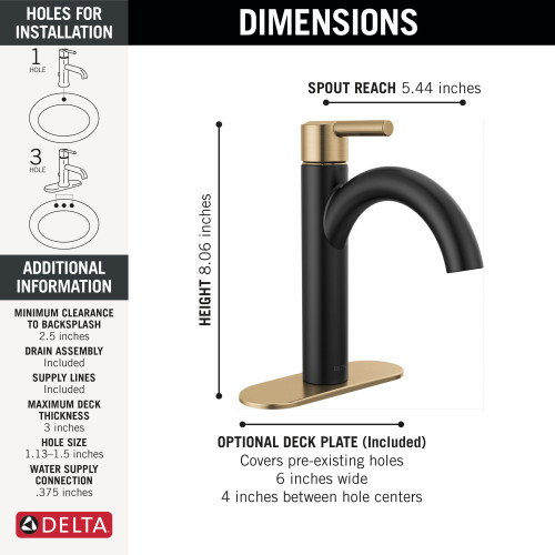 15749LF-GZ Nicoli 7.50-in x 6.00-in x 9.06-in Single Handle Bathroom Faucet, Matte Black and Champagne Bronze