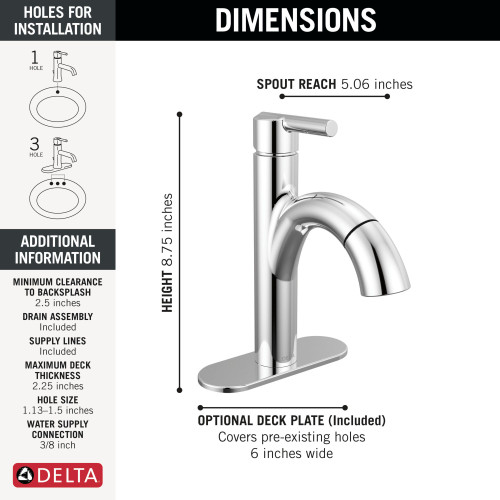 Delta 15749LF-PD Nicoli 6.81-in x 6.06-in x 8.75-in Single Handle Pull-Down Bathroom Faucet, Chrome