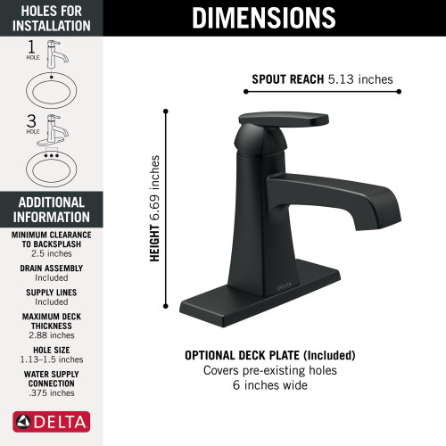 Delta 564-BLMPU-DST Ashlyn Single Handle Metal Pop Up Lavatory Faucet, Matte Black