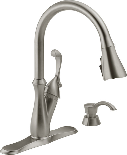 19950Z-SSSD-DST Arabella Single Handle Pull Down Kitchen Faucet with Soap Dispenser and ShieldSpray, Stainless