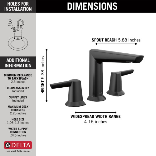 Delta 3571-BLMPU-DST Galeon Two Handle Widespread Bathroom Faucet, Matte Black