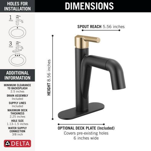 Delta 15849LF-GZPD Nicoli 7.31-in x 6.06-in x 8.63-in Single Handle Pull-Down Bathroom Faucet, Matte Black and Champagne Bronze