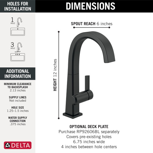 Delta 1993LF-BL Pivotal Single Handle Bar Faucet, Matte Black