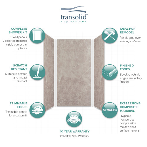 Transolid EWK363672-42 Expressions 36" X 36" X 72" 3-Piece Shower Wall Kit, In Dover Stone