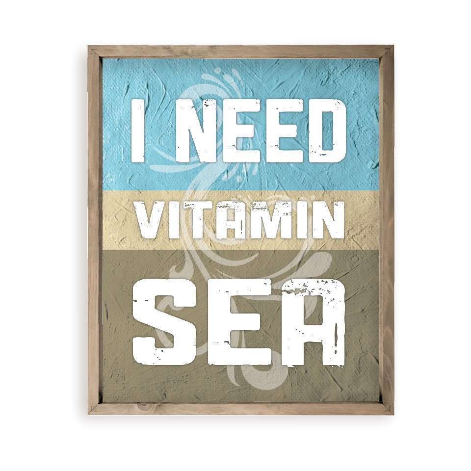 Targa Decorativa In Metallo 'I Need Vitamin Sea' Con Spiaggia E Sole. Formato 18x12 Cm, Retrò, Per Parete.