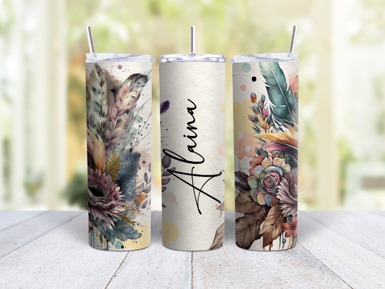 20oz Skinny Tumbler Personalized Watercolor Flowers And Feathers