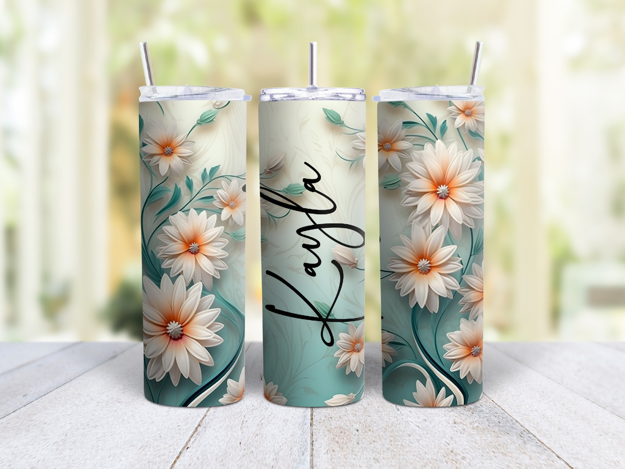 20oz Skinny Tumbler Personalized White And Peach Flowers With Green