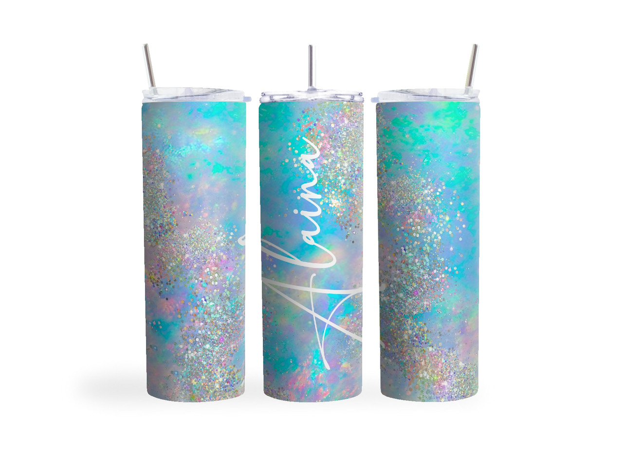 20oz Skinny Tumbler Personalized Multicolored Blue And Silver Glitter