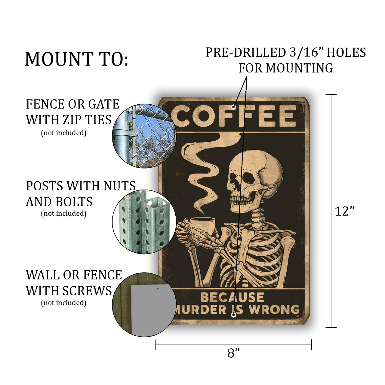 8x12 Funny Vintage-Style Coffee Skeleton Sign - 'Coffee: Because