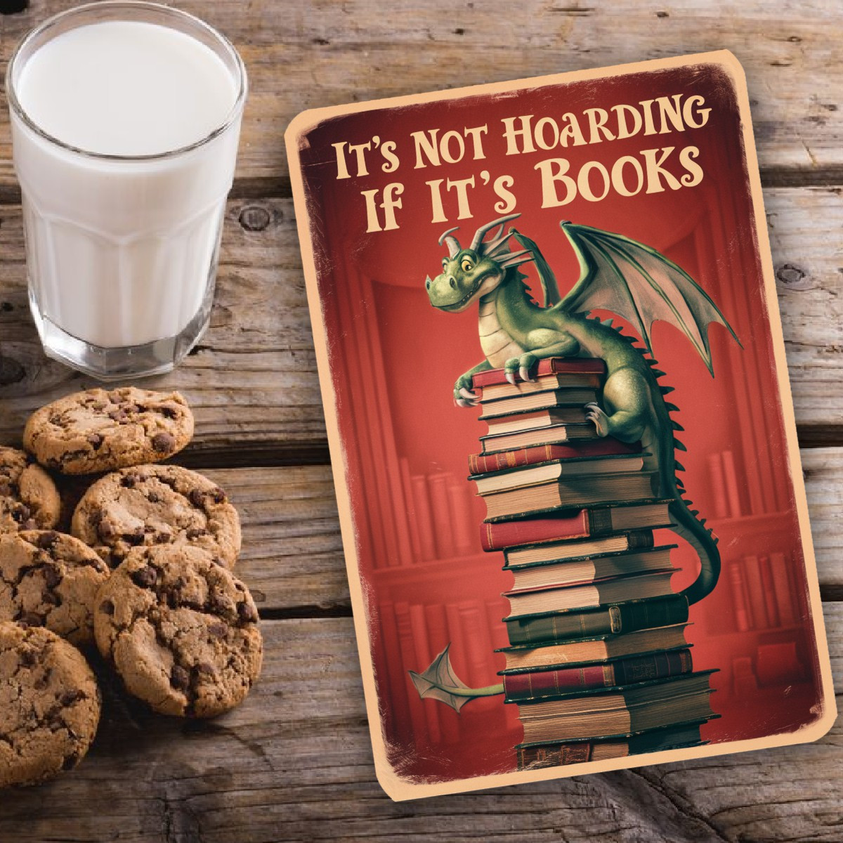 Targa Decorativa Con Drago - It's Not Hoarding If It's Books, 20x30 Cm
