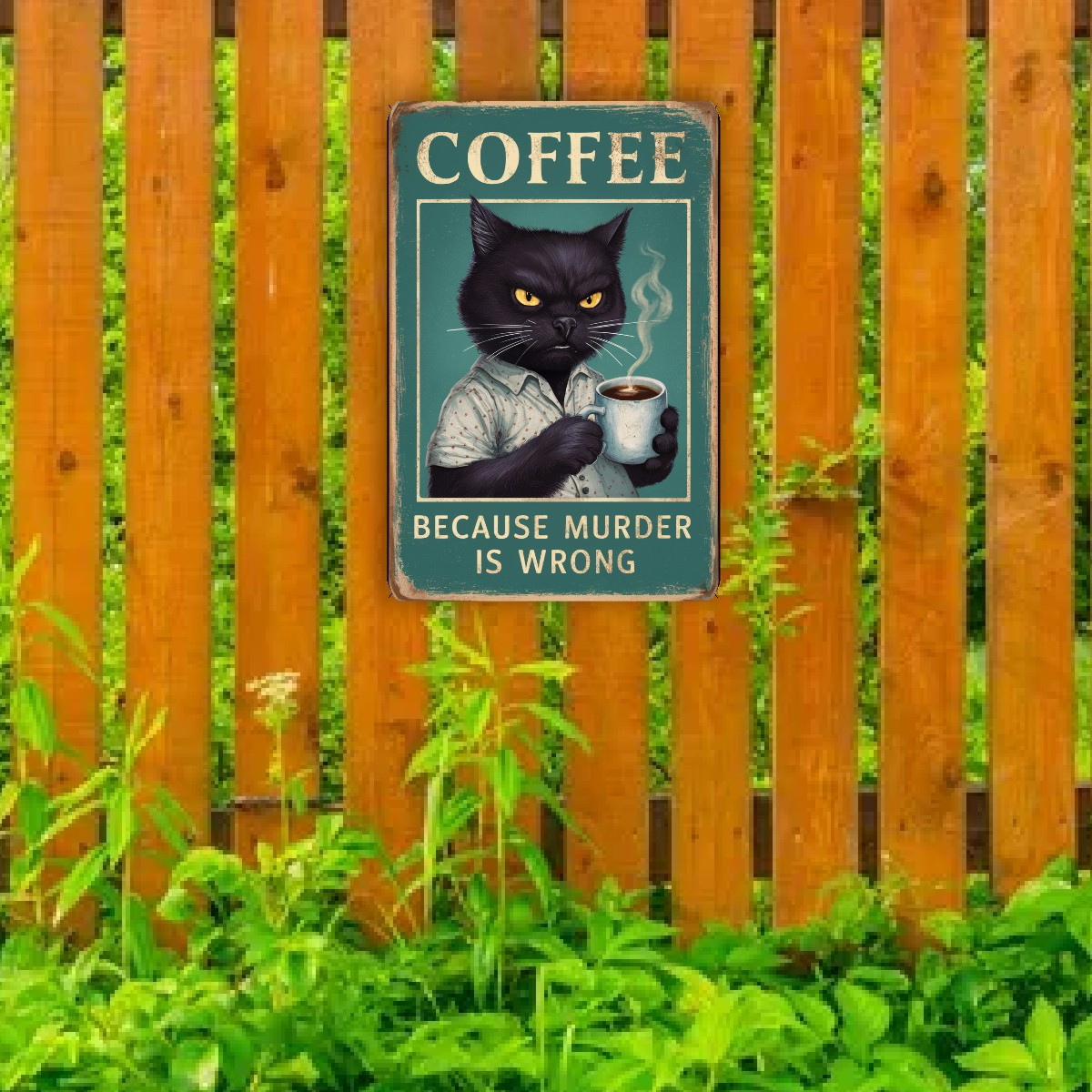 Targa Metallica Divertente Gatto Nero 20x30 Cm – Scritta Coffee Because Murder Is Wrong, Stile Ruggine Vintage, Decorazione Da Parete Per Bar E Cucina