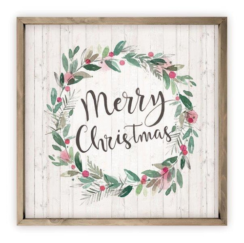 Merry Christmas Berry Wreath Rustic Wood Farmhouse Wall Sign