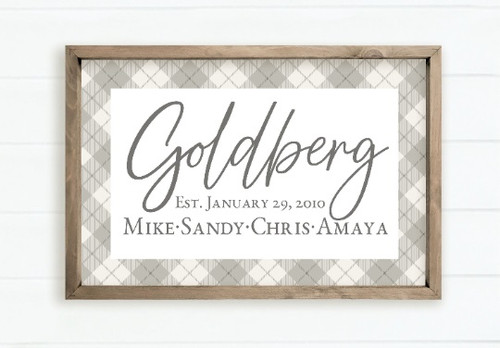 Personalized Printed Wood Family Name Sign With Argyle Design And Established Date (Framed)