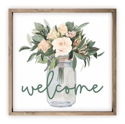 Welcome Flowers In Mason Jar Rustic Wood Farmhouse Wall Sign