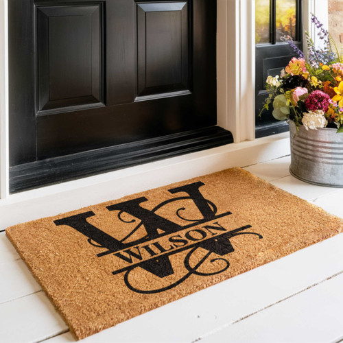 Personalized Coir Coconut Husk Doormat Door Mat With Scroll Monogram 18x30 or 24x36