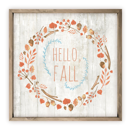 Hello Fall With Autumn Leaf Wreath Rustic Wood Wall Sign