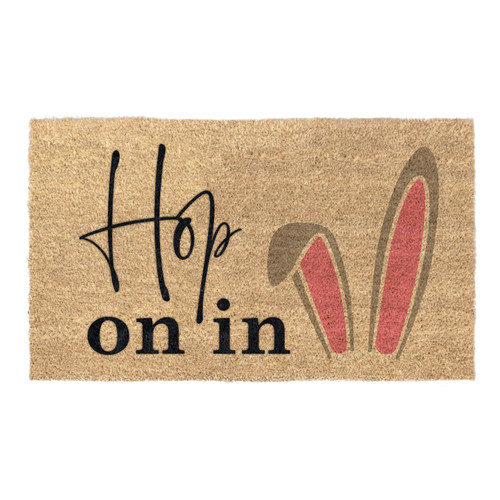 Hop On In Easter Bunny Coir Coconut Husk Doormat 18x30 or 24x36