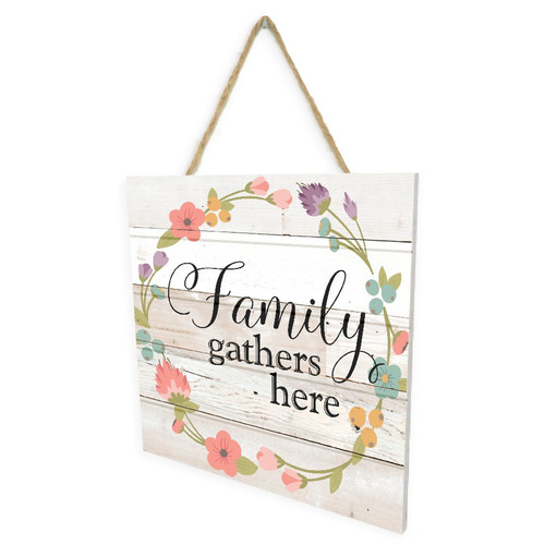 Family Gathers Here Wooden Plank Sign 7.5 x 7.5