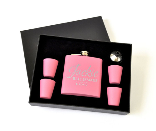 Personalized Engraved Pink Flask Set