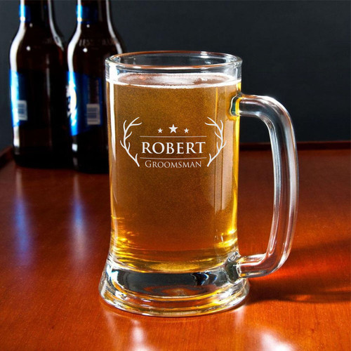 Personalized Engraved 16 Ounce Glass Beer Mug With Antler Design (Sold Individually)