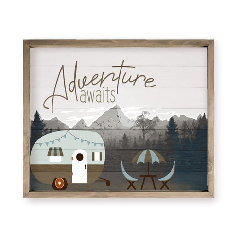 Adventure Awaits Camper Mountain Farmhouse Style Wood Wall Decor Sign