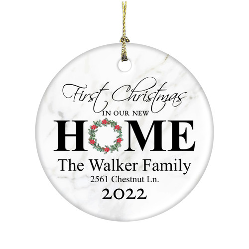First Christmas In Our New Home With Wreath 3 Inch Ceramic Christmas Ornament With Gift Box
