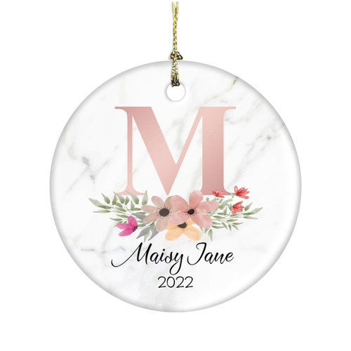Pink Monogram And Floral Bouquet 3 Inch Ceramic Christmas Ornament With Gift Box