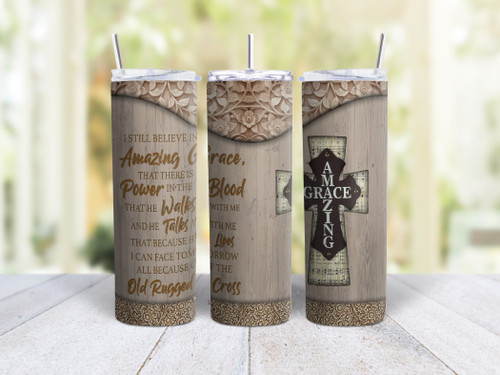 20oz Skinny Tumbler Amazing Grace - Stainless Steel Double Wall Insulated Cup With Lid And Straw - Christian Gift