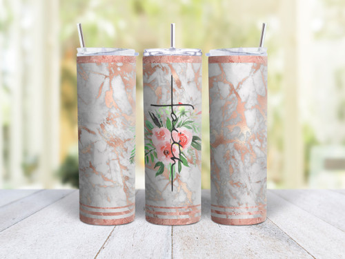 20oz Skinny Tumbler Faith With Flowers - Stainless Steel Double Wall Insulated Cup With Lid And Straw - Christian Gift