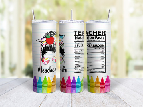 20oz Skinny Tumbler Teacher Life - Stainless Steel Double Wall Insulated Cup With Lid And Straw