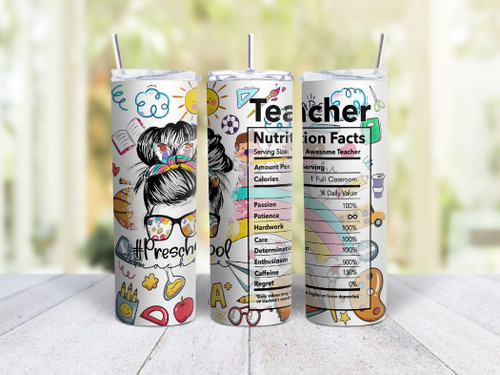 20oz Skinny Tumbler Preschool Teacher - Stainless Steel Double Wall Insulated Cup With Lid And Straw