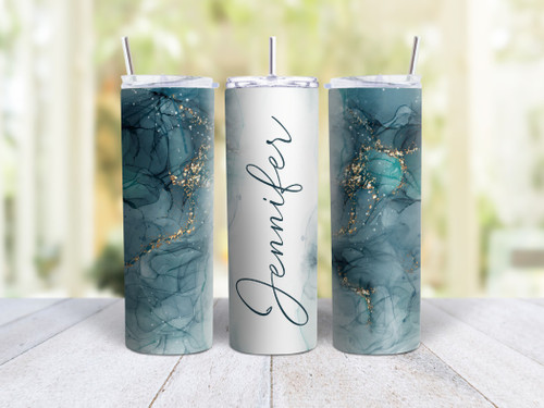 20oz Skinny Tumbler Personalized Marble Design - Stainless Steel Double Wall Insulated Cup With Lid And Straw