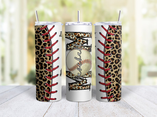 20oz Skinny Tumbler Baseball Mom (Leopard Print 2) - Stainless Steel Double Wall Insulated Cup With Lid And Straw