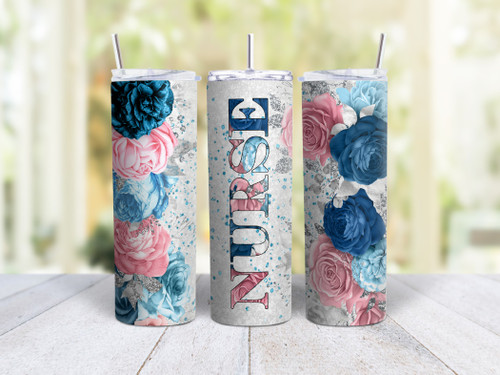 20oz Skinny Tumbler Nurse (Pink & Blue) - Stainless Steel Double Wall Insulated Cup With Lid And Straw