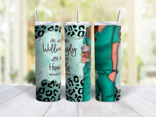 20oz Skinny Tumbler She Works Willingly Proverbs 31:13 - Stainless Steel Double Wall Insulated Cup With Lid And Straw