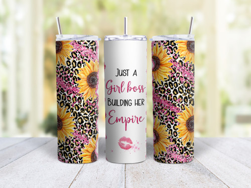 20oz Skinny Tumbler Girl Boss (Sunflowers) - Stainless Steel Double Wall Insulated Cup With Lid And Straw