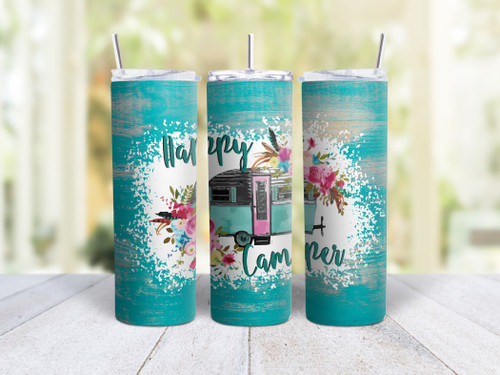 20oz Skinny Tumbler Happy Camper - Stainless Steel Double Wall Insulated Cup With Lid And Straw