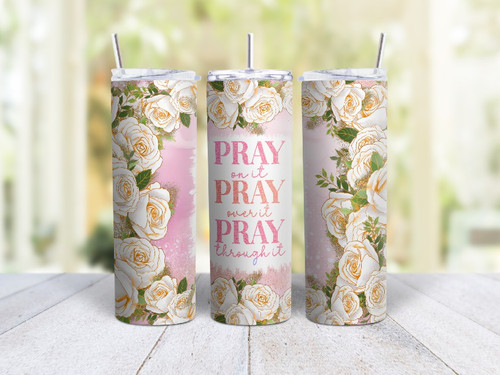 20oz Skinny Tumbler Pray - Stainless Steel Double Wall Insulated Cup With Lid And Straw