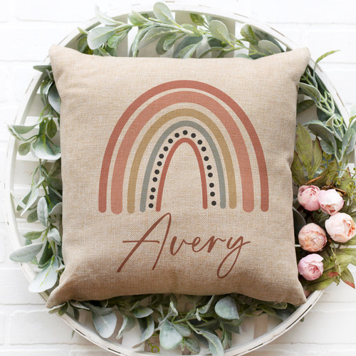Personalized Boho Rainbow Pillow Cover with Custom Name - Unique and Colorful Cushion Case for Home Decor