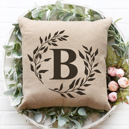 16x16 Personalized Monogram Throw Pillow with Floral Wreath - Custom Printed Cushion Cover for Home Decor