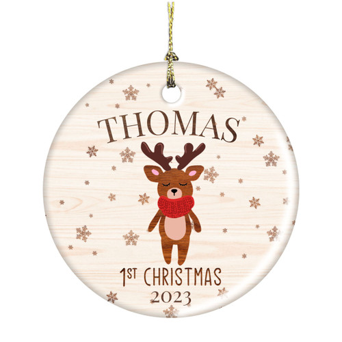 Personalized First Christmas Reindeer with Scarf 3 Inch Ceramic Christmas Ornament With Gift Box
