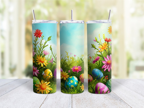 20oz Skinny Tumbler Easter Eggs In A Flower Garden - Stainless Steel Double Wall Insulated Cup With Lid And Straw