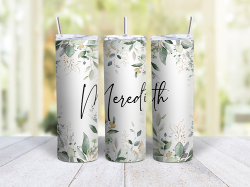 20oz Skinny Tumbler Personalized Spring Greenery And Flowers - Stainless Steel Double Wall Insulated Cup With Lid And Straw