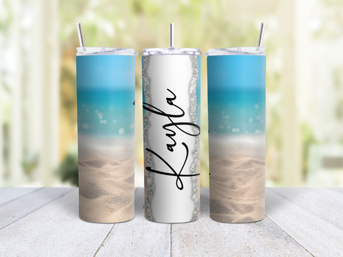 20oz Skinny Tumbler Personalized Sand And Water Beach Design - Stainless Steel Double Wall Insulated Cup With Lid And Straw