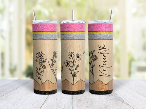 20oz Skinny Tumbler Personalized Pencil Design With Flowers - Stainless Steel Double Wall Insulated Cup With Lid And Straw