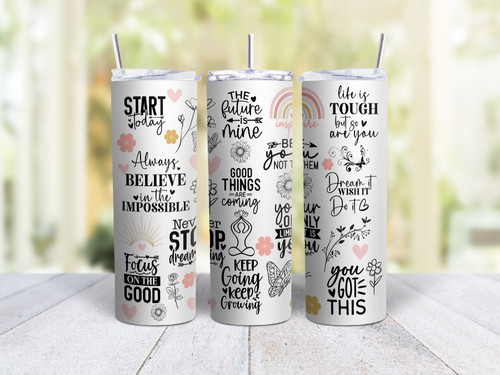 20oz Skinny Tumbler Inspirational Zen Sayings Flowers And Rainbows - Stainless Steel Double Wall Insulated Cup With Lid And Straw