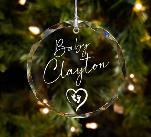 Newborn Baby Announcement With Heart And Footprints Personalized 3 Inch Crystal Christmas Ornament With Gift Box