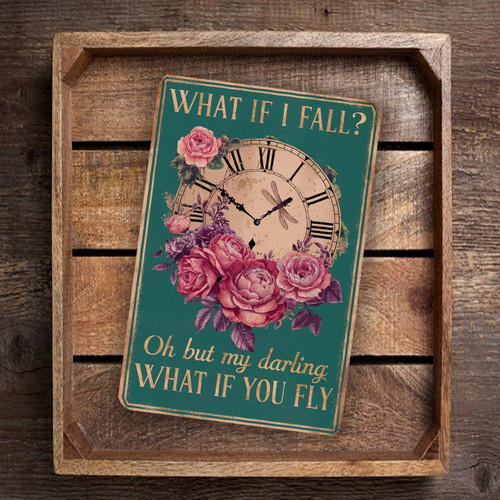 Vintage Wall Sign - "What If I Fall?" Clock And Roses Design - Inspirational Home Decor Accent With Golden Lettering & Floral Illustrations 8x12